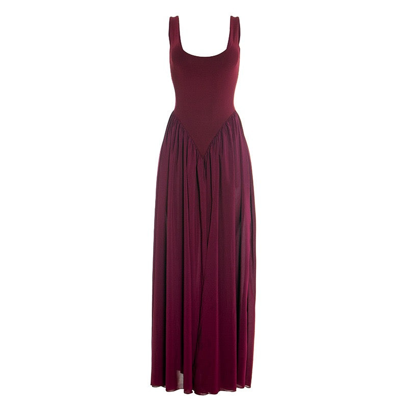 Maxi chiffon dress with bodysuit design and deep slits - JULIAN