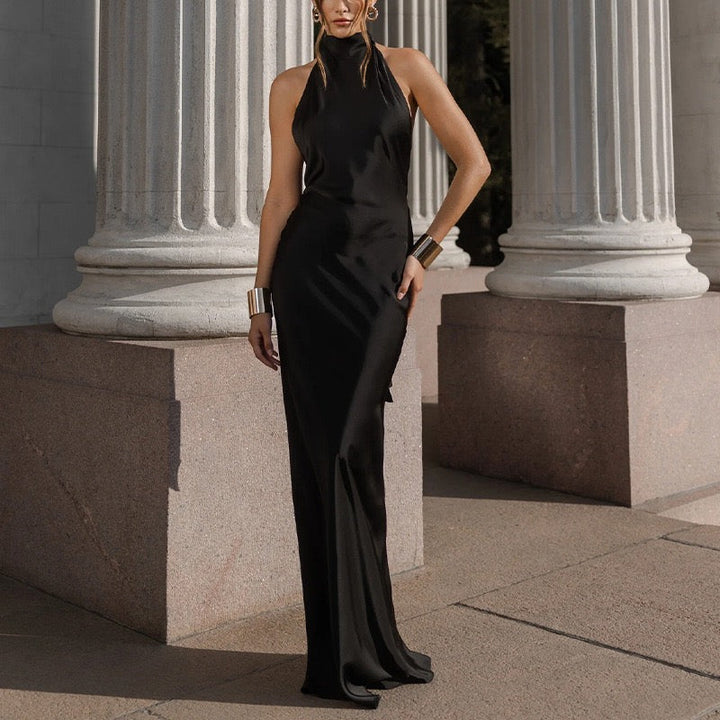 Satin maxi dress with neck ties and an open back – EMMA