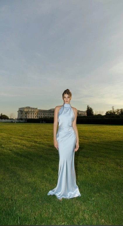 Satin maxi dress with neck ties and an open back – EMMA