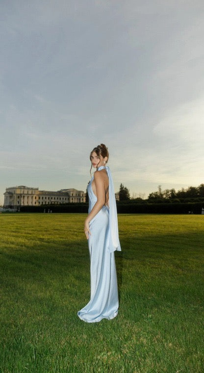 Satin maxi dress with neck ties and an open back – EMMA