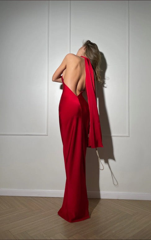 Satin maxi dress with neck ties and an open back – EMMA