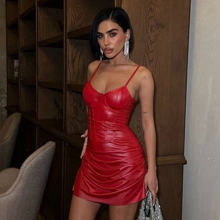 Faux leather mini dress with ruffle and pleats - RAYN