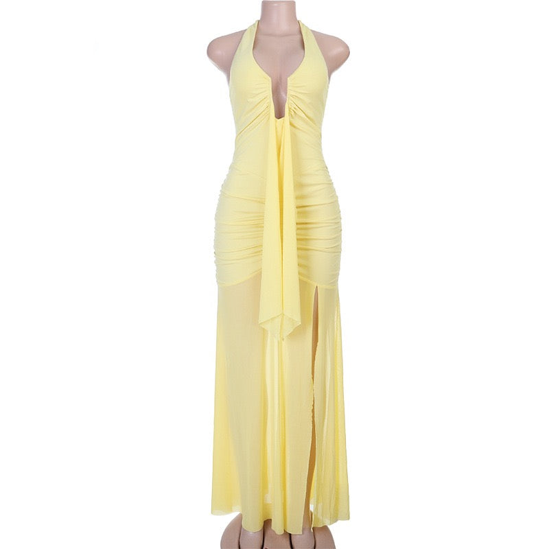 Chiffon maxi dress with ruching, neck ties, open back, and a slit – Tanir