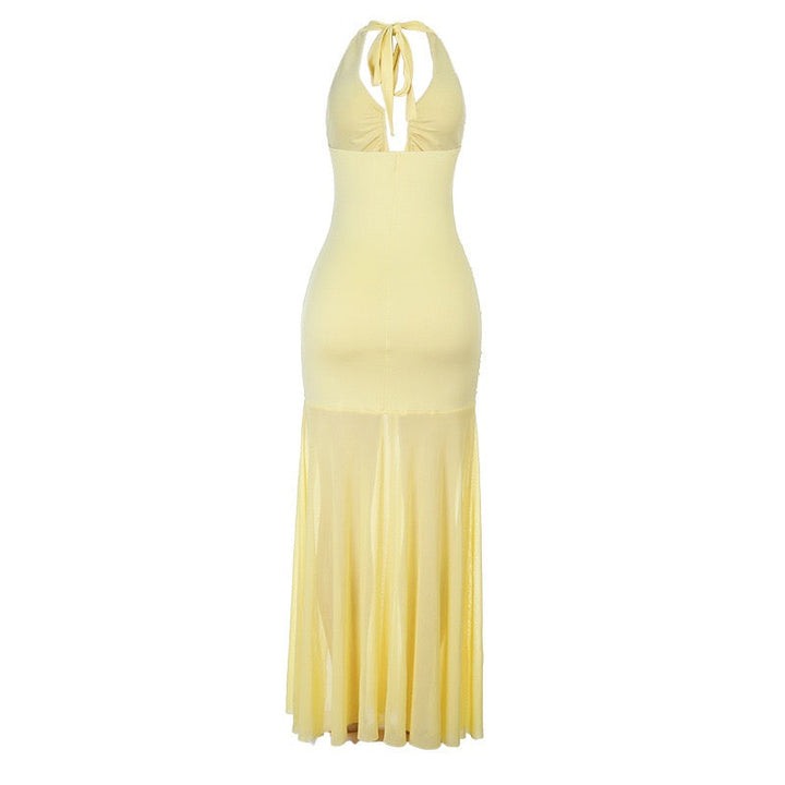 Chiffon maxi dress with ruching, neck ties, open back, and a slit – Tanir