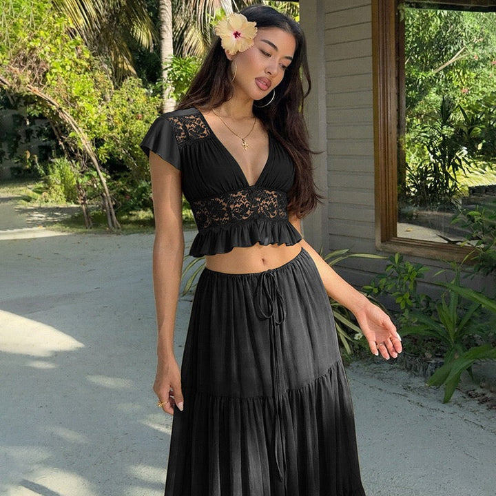 Rachel two-piece set with a maxi skirt and lace-trimmed top