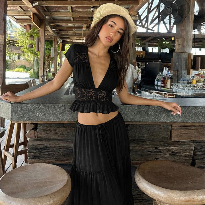 Rachel two-piece set with a maxi skirt and lace-trimmed top