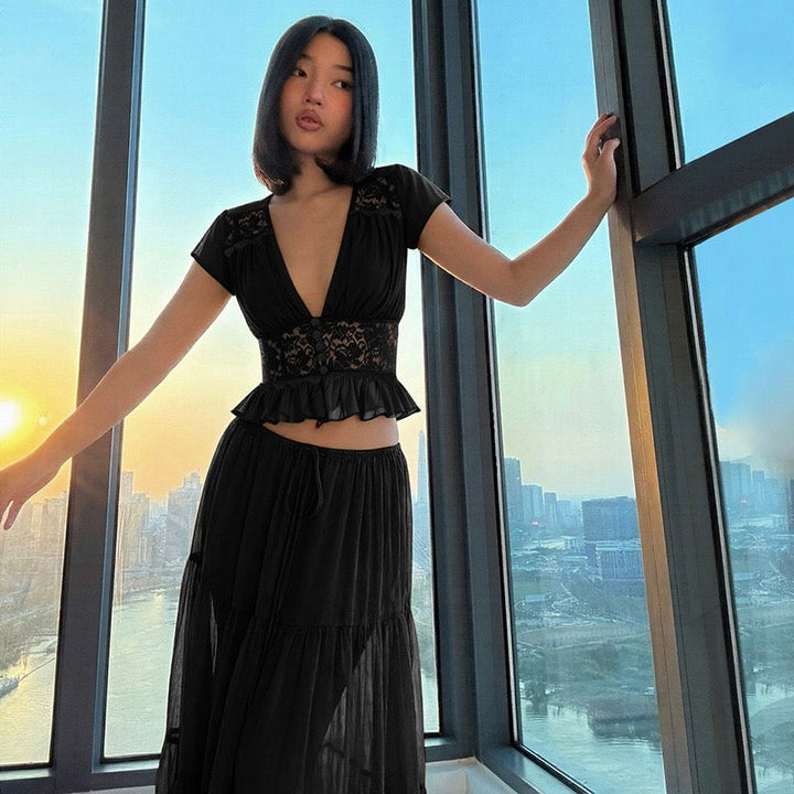 Rachel two-piece set with a maxi skirt and lace-trimmed top