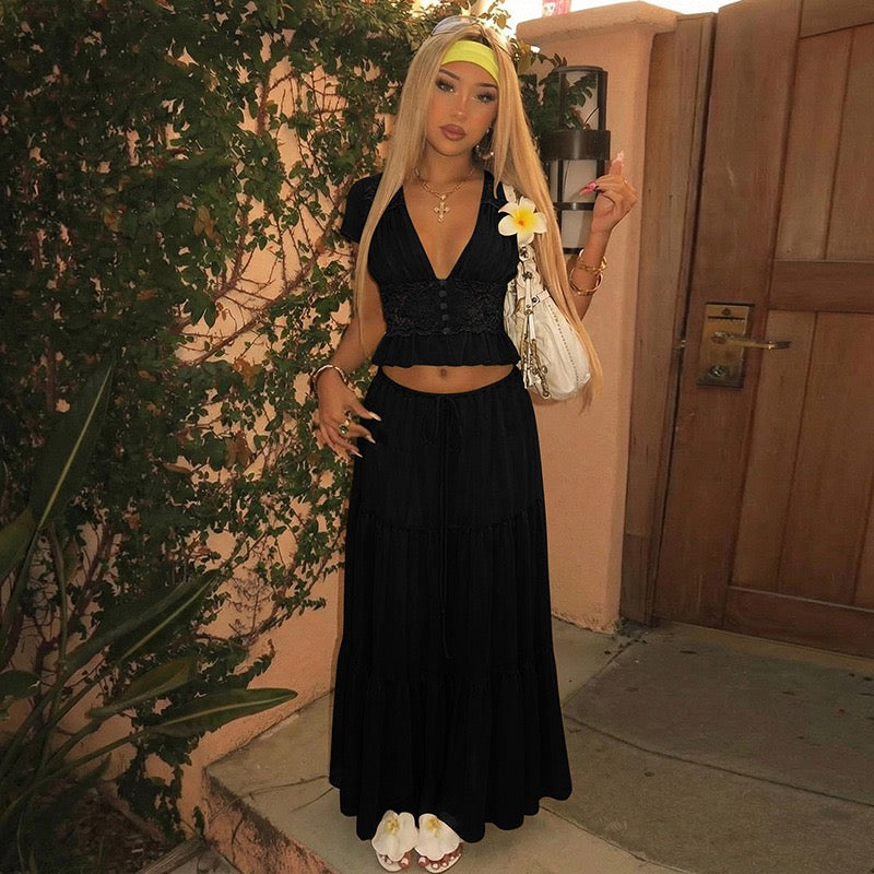 Rachel two-piece set with a maxi skirt and lace-trimmed top