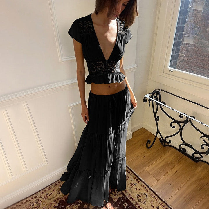 Rachel two-piece set with a maxi skirt and lace-trimmed top