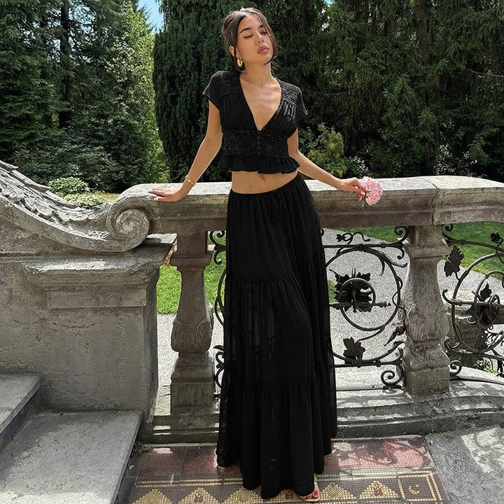 Rachel two-piece set with a maxi skirt and lace-trimmed top