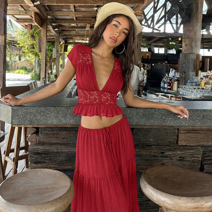 Rachel two-piece set with a maxi skirt and lace-trimmed top