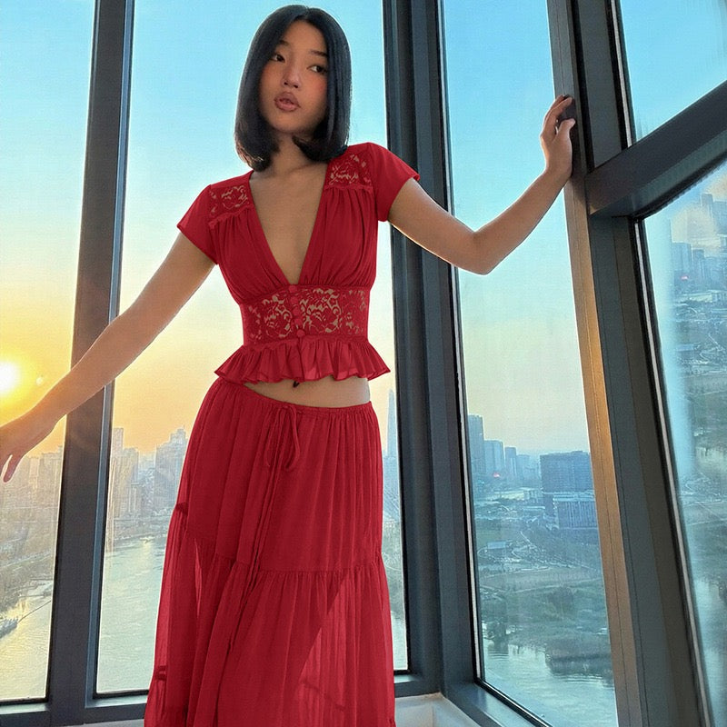 Rachel two-piece set with a maxi skirt and lace-trimmed top