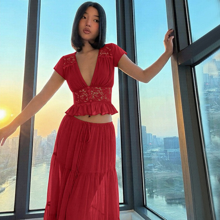 Rachel two-piece set with a maxi skirt and lace-trimmed top