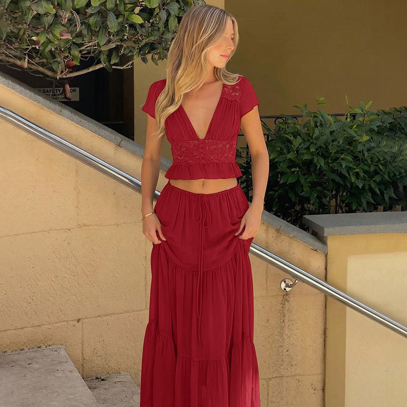 Rachel two-piece set with a maxi skirt and lace-trimmed top