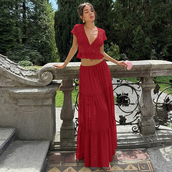 Rachel two-piece set with a maxi skirt and lace-trimmed top