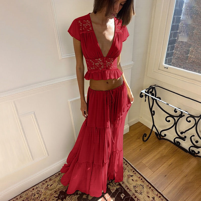 Rachel two-piece set with a maxi skirt and lace-trimmed top