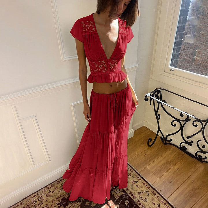 Rachel two-piece set with a maxi skirt and lace-trimmed top