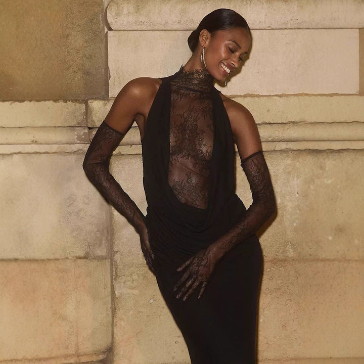 Maxi turtleneck dress with lace design and glove detail - Celandine
