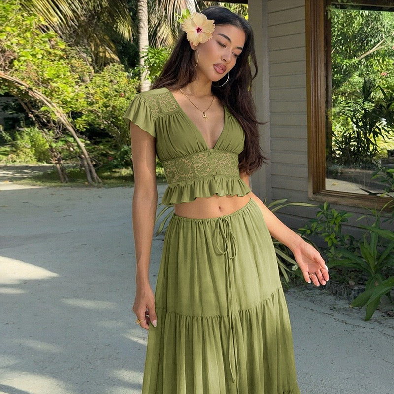 Rachel two-piece set with a maxi skirt and lace-trimmed top