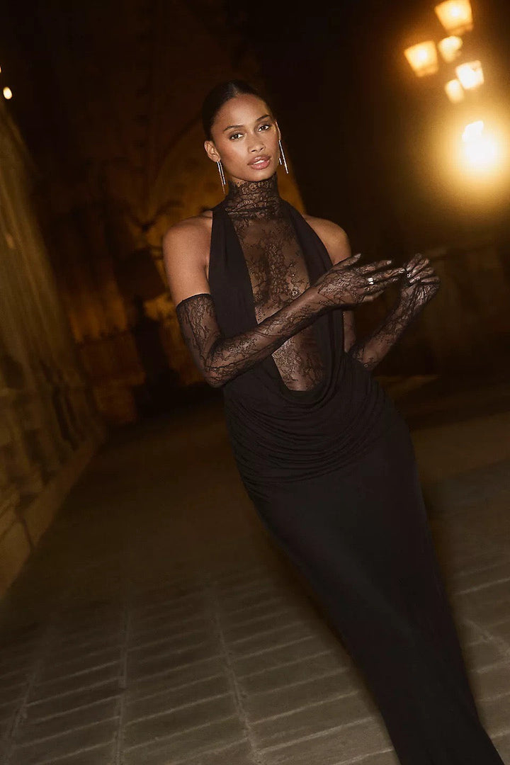 Maxi turtleneck dress with lace design and glove detail - Celandine
