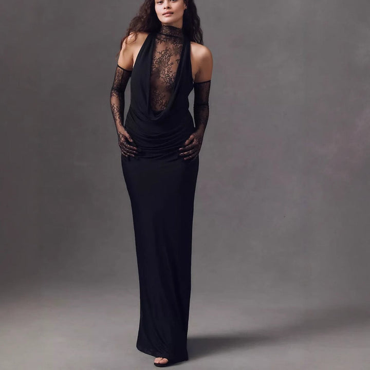 Maxi turtleneck dress with lace design and glove detail - Celandine