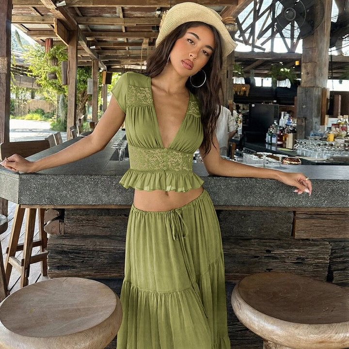 Rachel two-piece set with a maxi skirt and lace-trimmed top