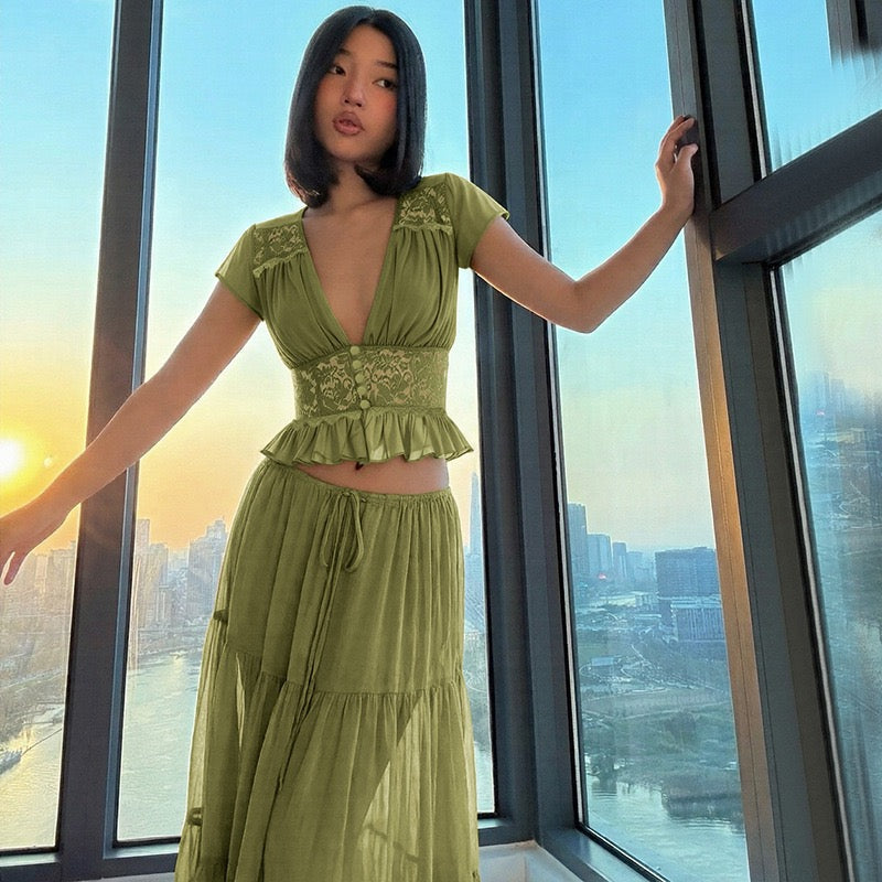 Rachel two-piece set with a maxi skirt and lace-trimmed top