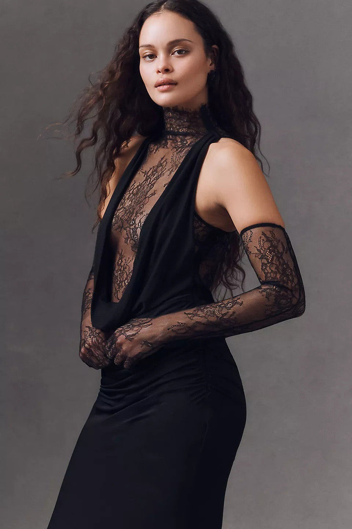 Maxi turtleneck dress with lace design and glove detail - Celandine