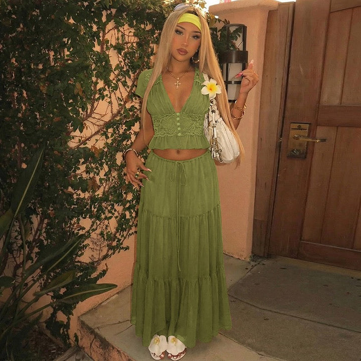 Rachel two-piece set with a maxi skirt and lace-trimmed top