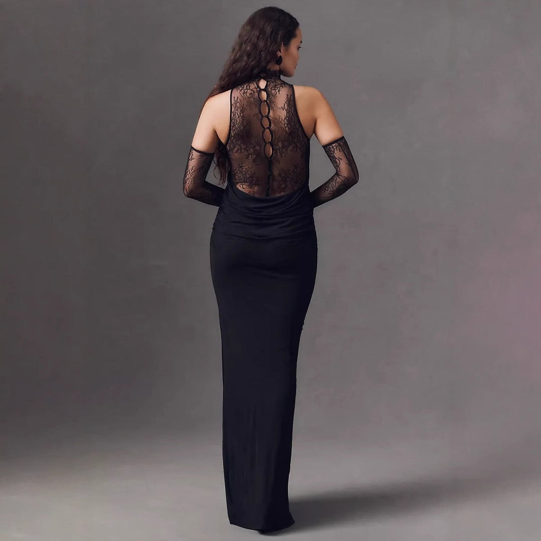 Maxi turtleneck dress with lace design and glove detail - Celandine