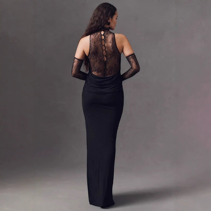 Maxi turtleneck dress with lace design and glove detail - Celandine