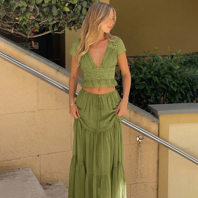 Rachel two-piece set with a maxi skirt and lace-trimmed top