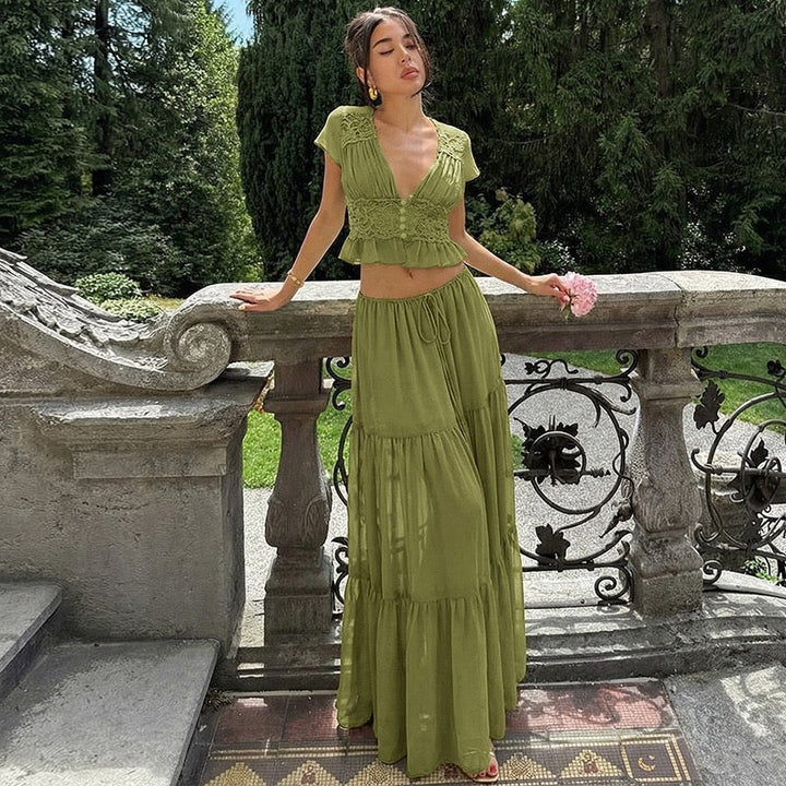 Rachel two-piece set with a maxi skirt and lace-trimmed top