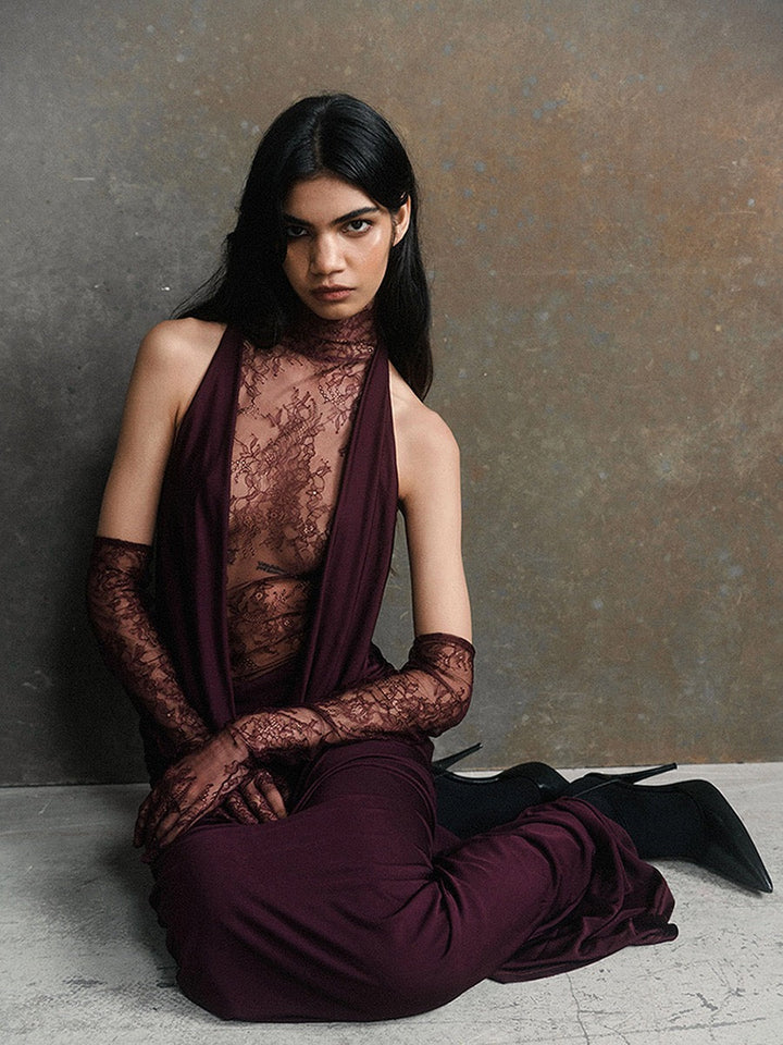 Maxi turtleneck dress with lace design and glove detail - Celandine