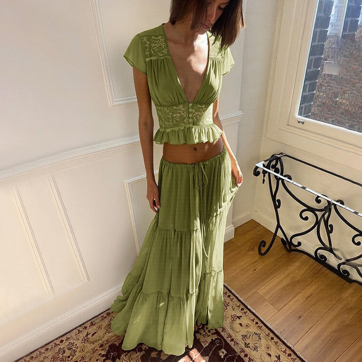 Rachel two-piece set with a maxi skirt and lace-trimmed top