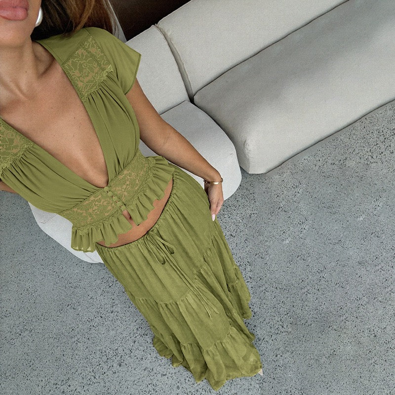 Rachel two-piece set with a maxi skirt and lace-trimmed top