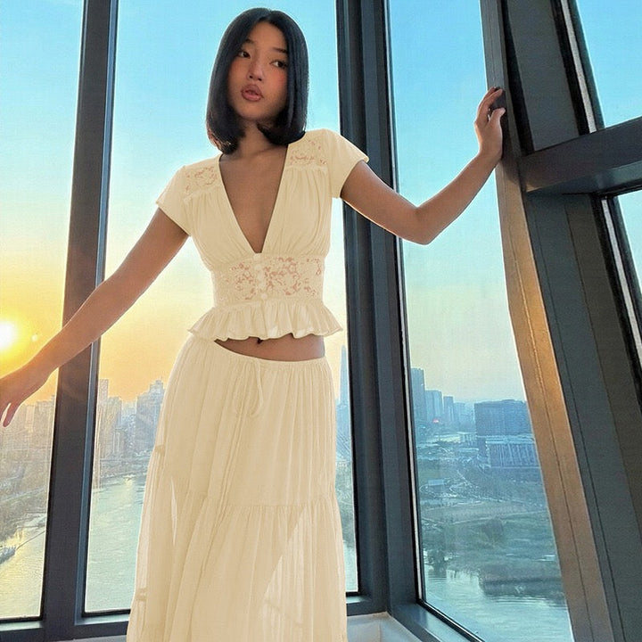 Rachel two-piece set with a maxi skirt and lace-trimmed top