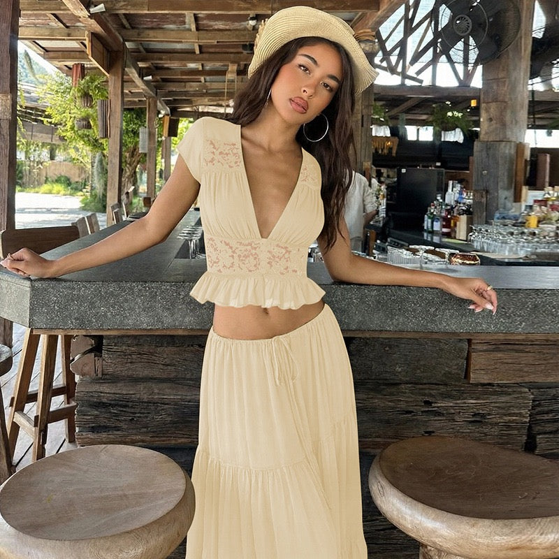 Rachel two-piece set with a maxi skirt and lace-trimmed top