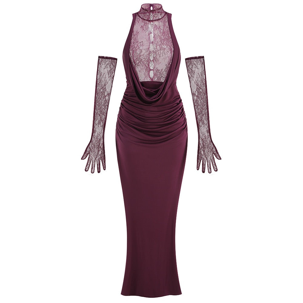 Maxi turtleneck dress with lace design and glove detail - Celandine