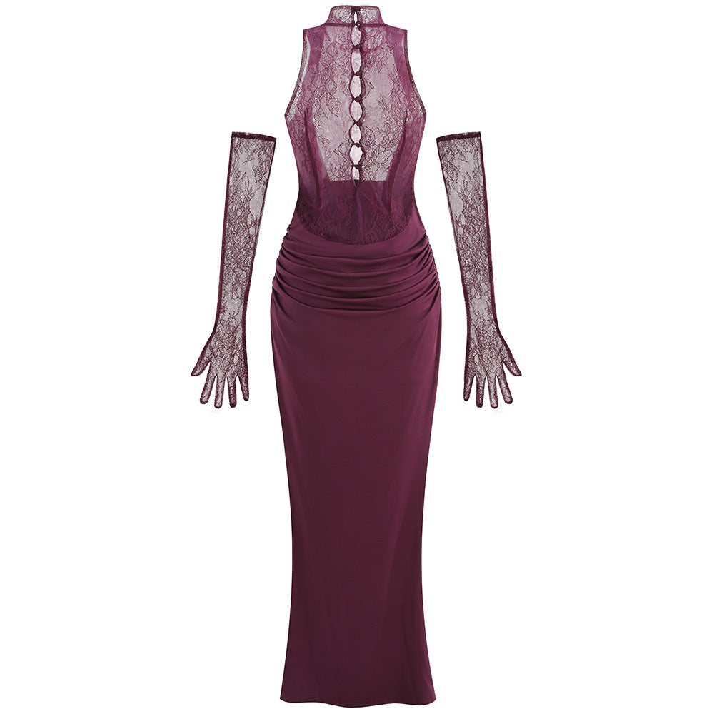 Maxi turtleneck dress with lace design and glove detail - Celandine