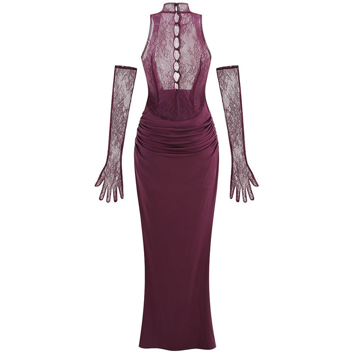 Maxi turtleneck dress with lace design and glove detail - Celandine