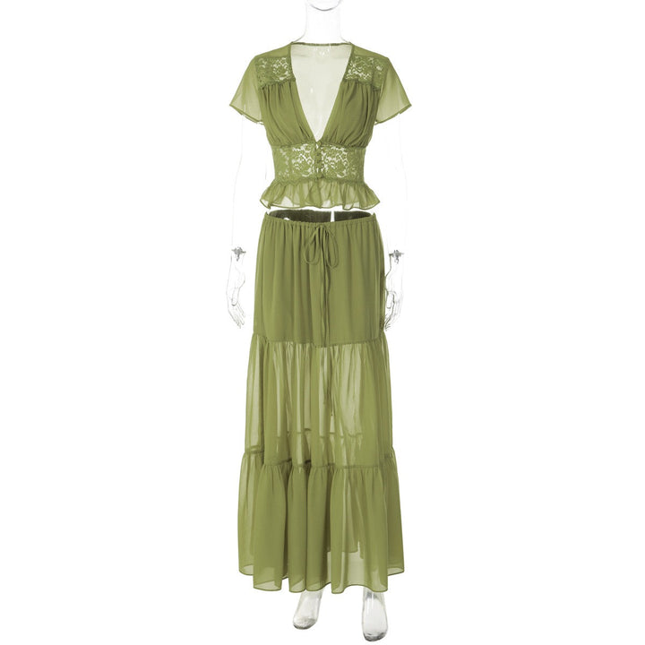 Rachel two-piece set with a maxi skirt and lace-trimmed top