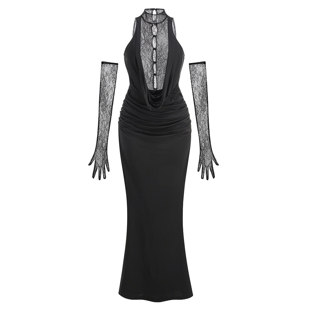 Maxi turtleneck dress with lace design and glove detail - Celandine