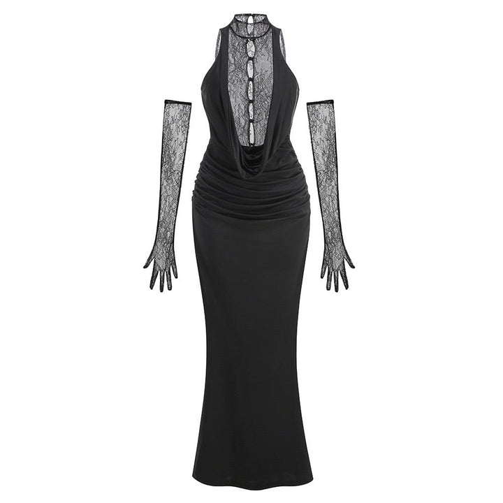 Maxi turtleneck dress with lace design and glove detail - Celandine