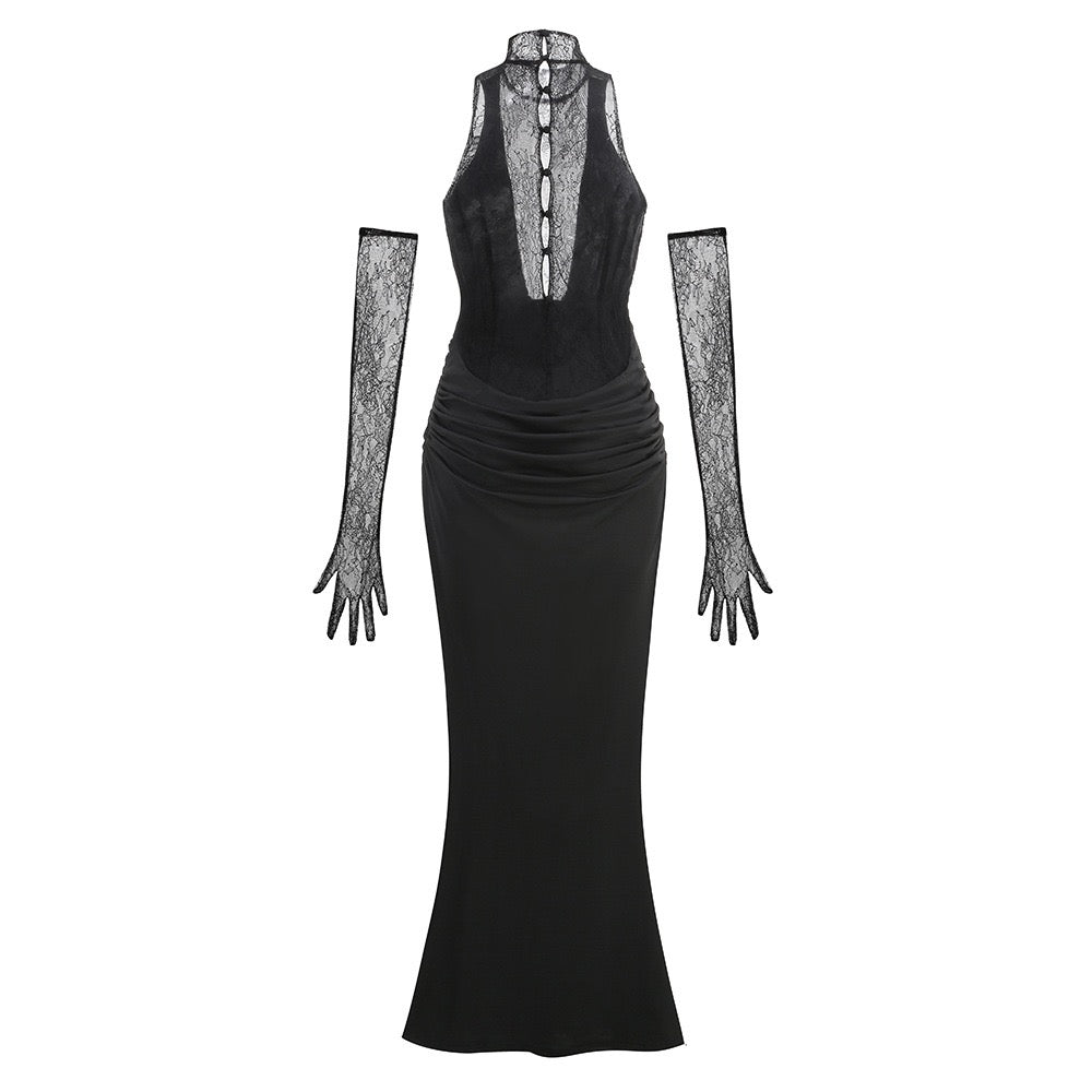 Maxi turtleneck dress with lace design and glove detail - Celandine