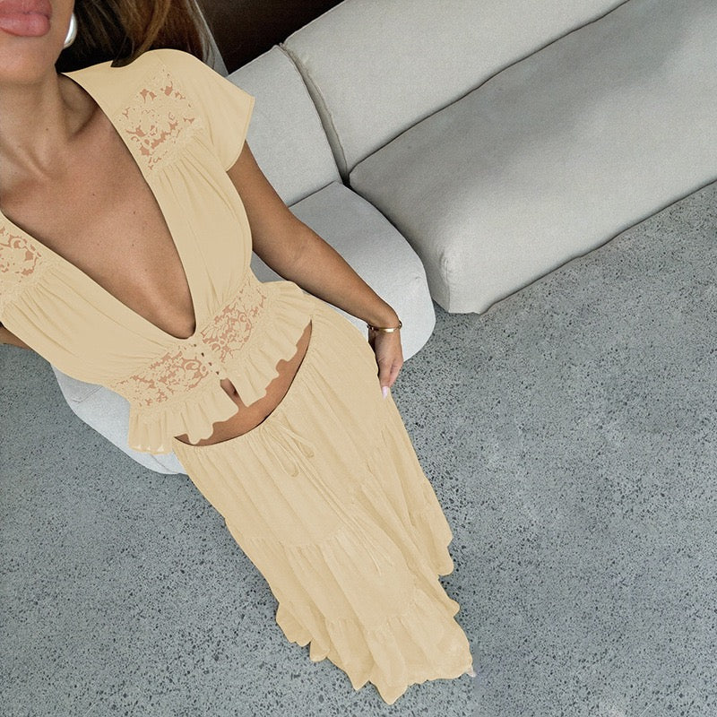 Rachel two-piece set with a maxi skirt and lace-trimmed top