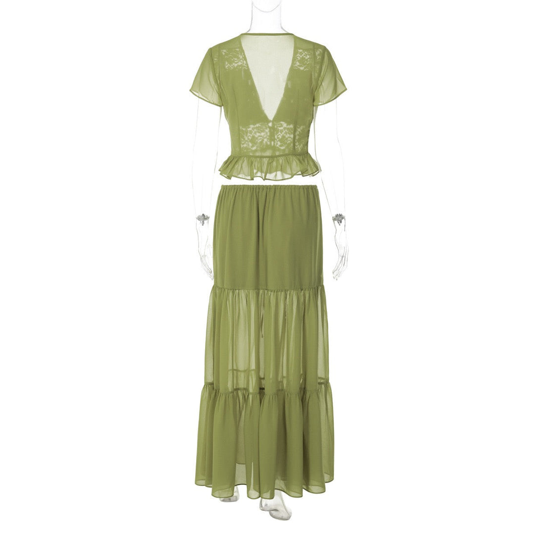 Rachel two-piece set with a maxi skirt and lace-trimmed top