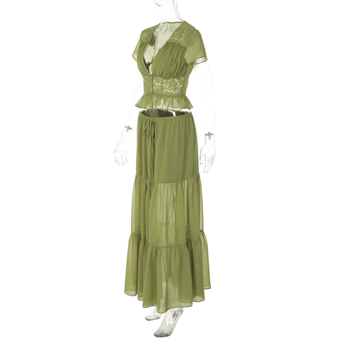 Rachel two-piece set with a maxi skirt and lace-trimmed top