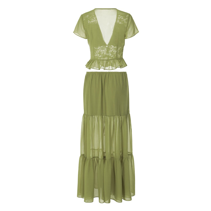 Rachel two-piece set with a maxi skirt and lace-trimmed top