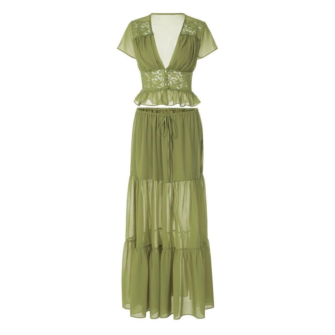 Rachel two-piece set with a maxi skirt and lace-trimmed top